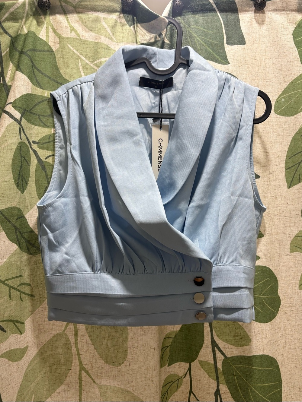 Commense Pale Blue Draped Sleeveless Wrap Crop Top